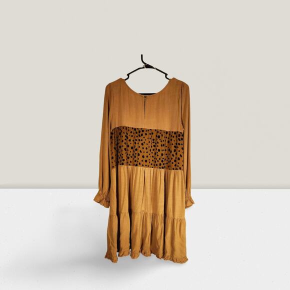 Umgee Spotted Tiered Fringe Dress Caramel S Small - Picture 2 of 3